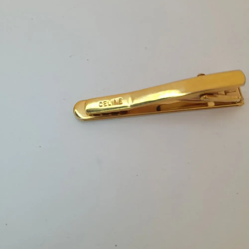 Celine Triumph Tie Bar Clip Clasp Gold Silver Tone 2in Logo Vintage Stripped - Picture 5 of 7